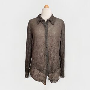 Babette Crinkled Army Green Sz S Stretch Snap Front Long Sleeve Blouse Shirt Top